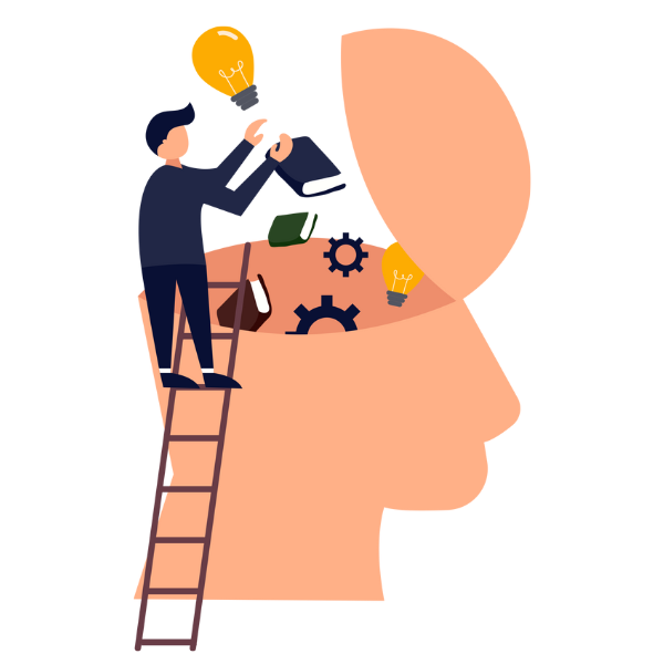 Person climbing a ladder putting learning into a brain.