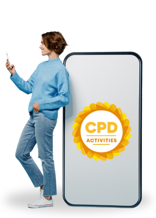 Women standing next to large phone displaying cpd activity logo