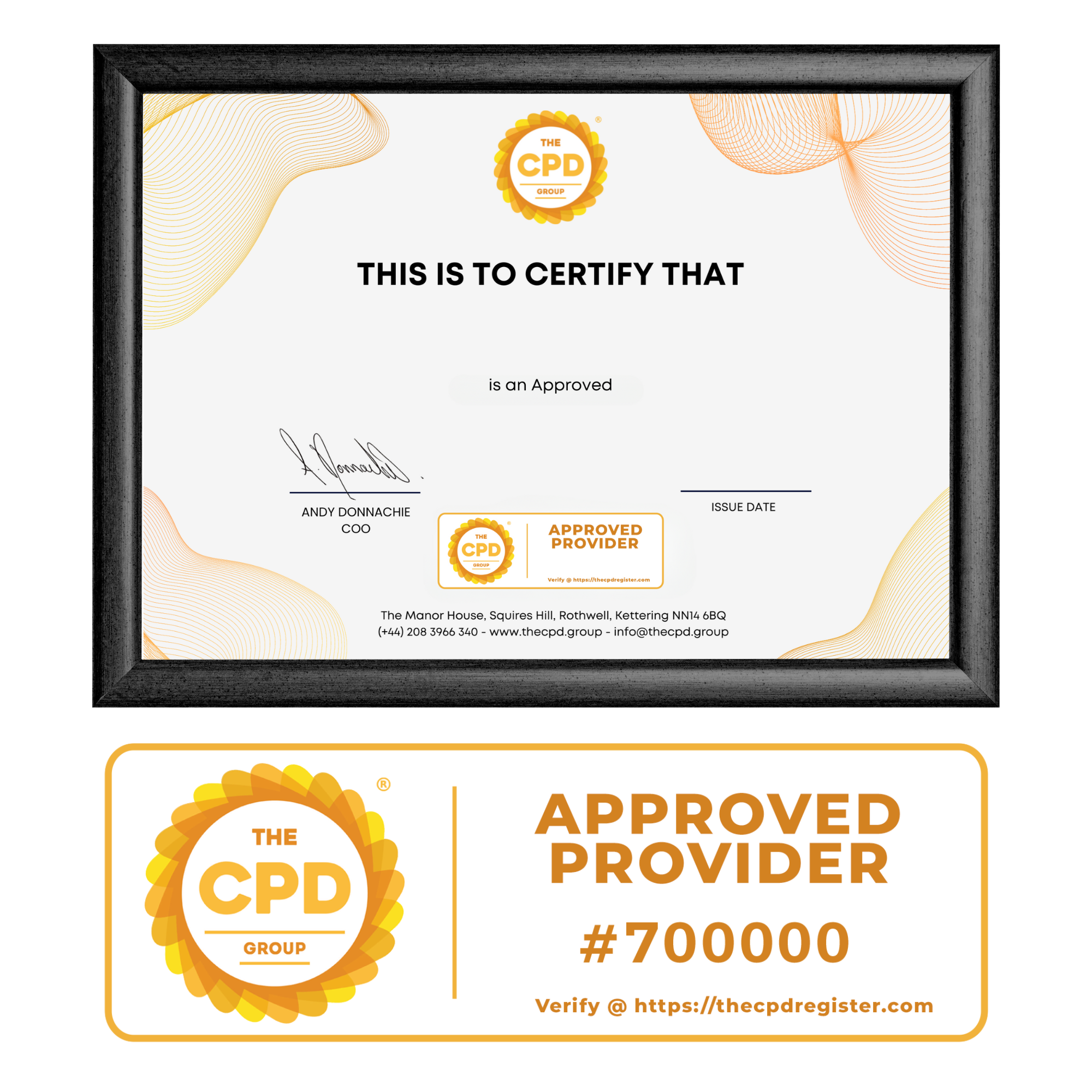 Framed CPD Provider Certificate and CPD Provider Logo