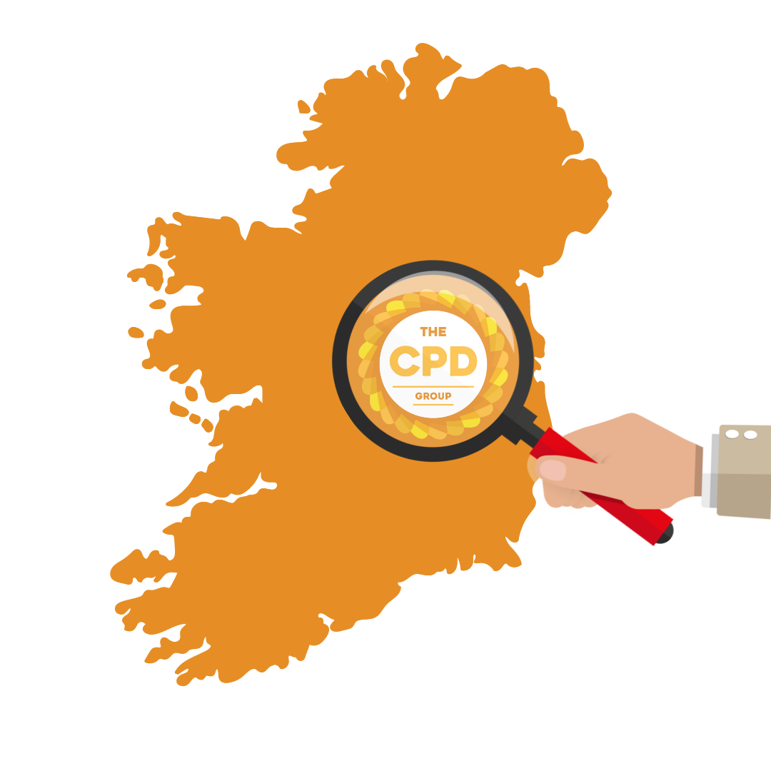 Map of Ireland showing award winning CPD Group logo being magnified.