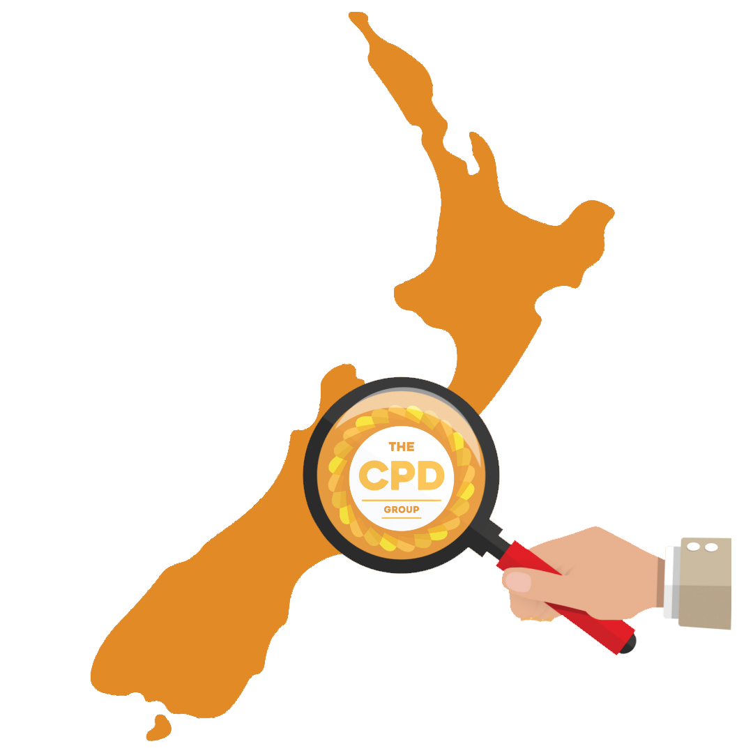 Map of New Zealand showing award winning CPD Group logo being magnified.