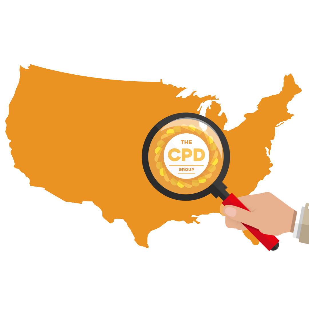 Map of the United States showing award winning CPD Group logo being magnified.