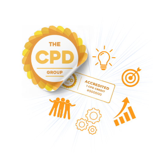 The CPD Group logo with icons surrounding it along with the accreditation logo