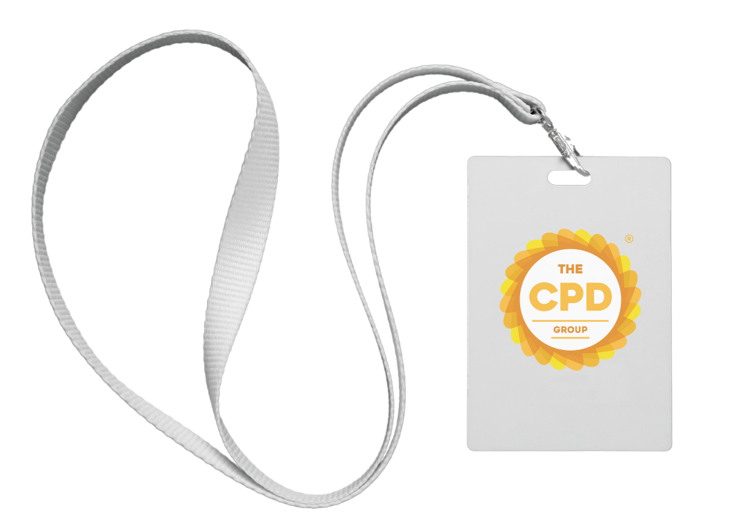 A white lanyard with The CPD Group Registered Logo on a white rectangle tag.