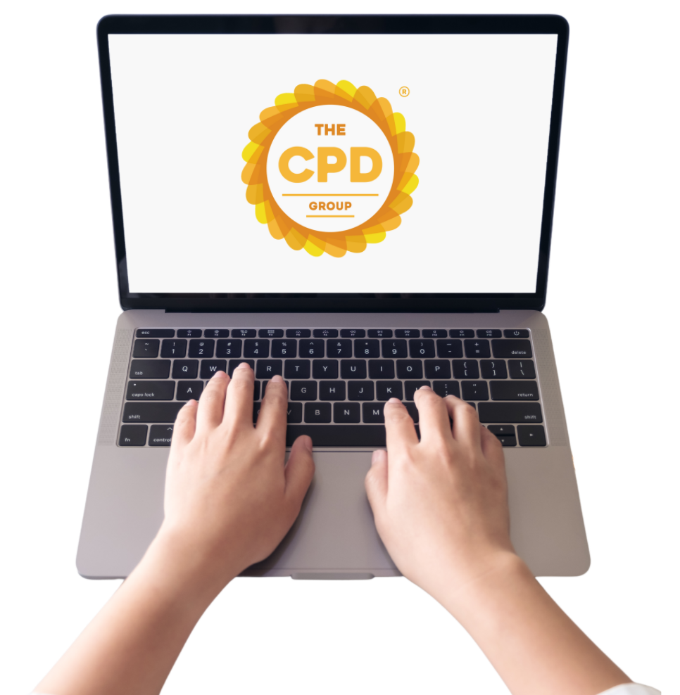 Laptop displaying the orange and yellow CPD Group logo with hands typing on keyboard