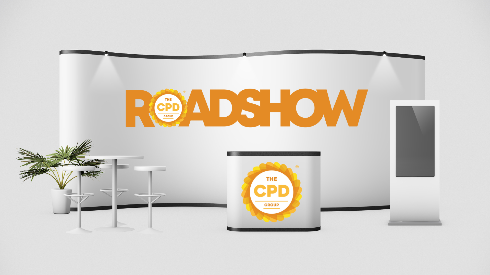 Grey exhibition stand featuring The CPD Group’sorangeRoadshow logo