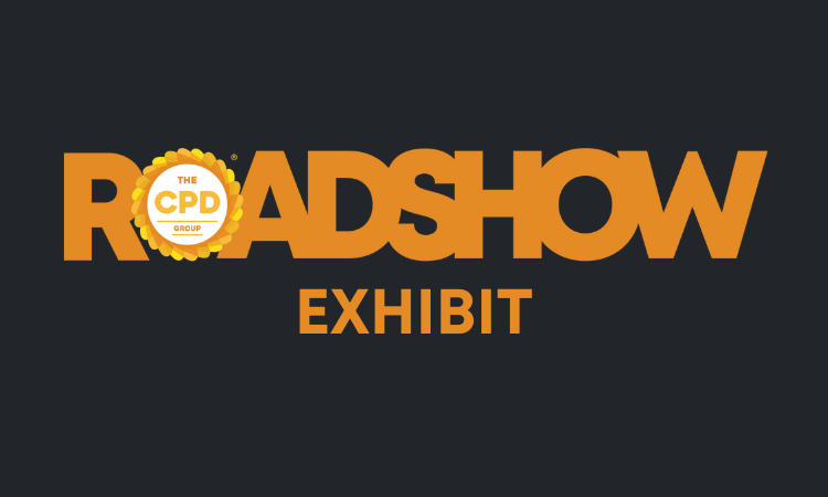 Orange text that reads ‘ROADSHOW’ featuring The CPD Group’s circular yellow and orange logo in place of the first ‘O’
