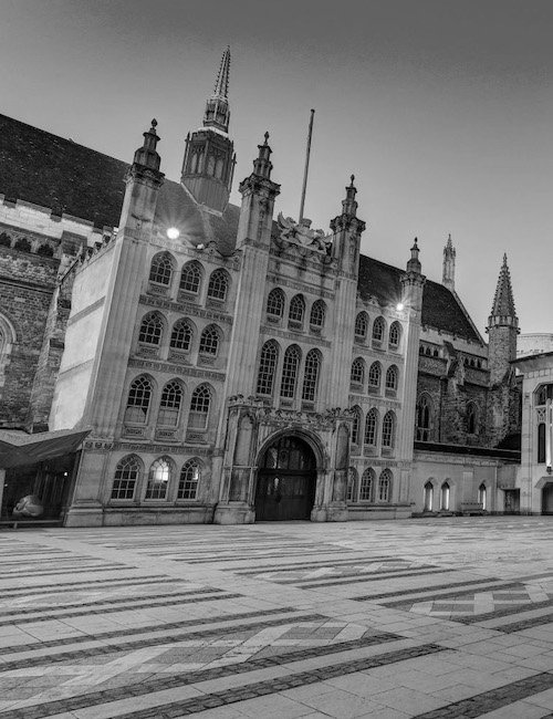 The historic Guildhall in London in black and white
