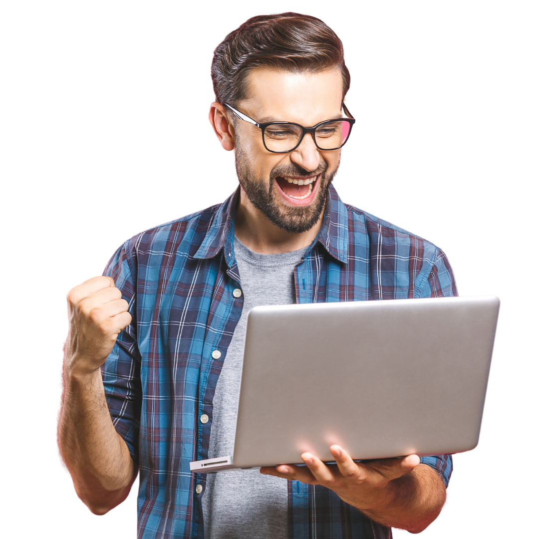 Man wearing glasses celebrating whilst holding a laptop