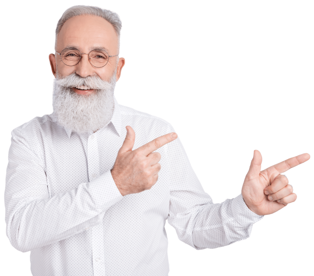 Smiling old man with a beard wearing a white shirt and glasses pointing to the right