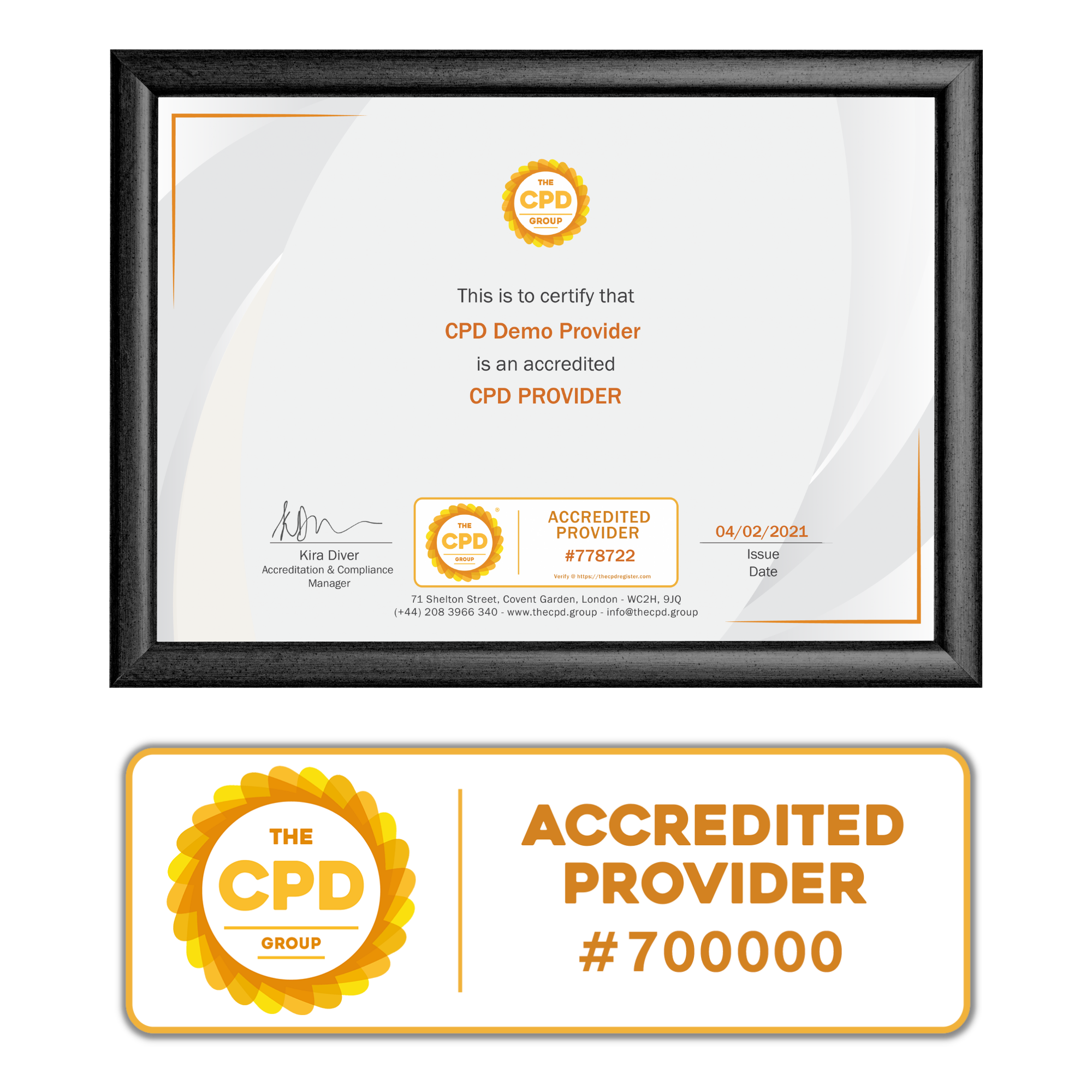 Framed CPD Provider Certificate and CPD Provider Logo
