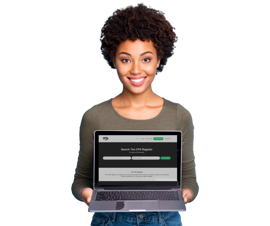 Smiling young woman holding laptop displaying The CPD Register website